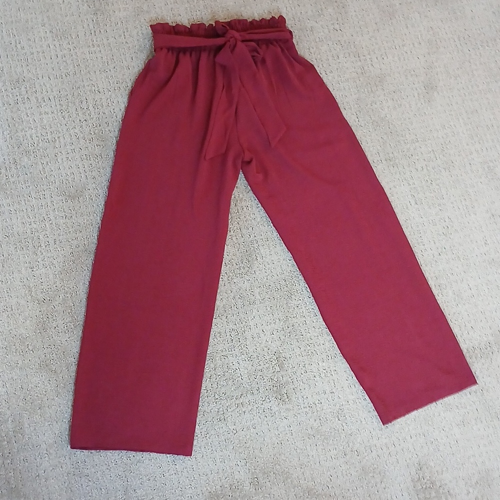 High-Waist Paperbag Wide Leg Pants - Burgundy